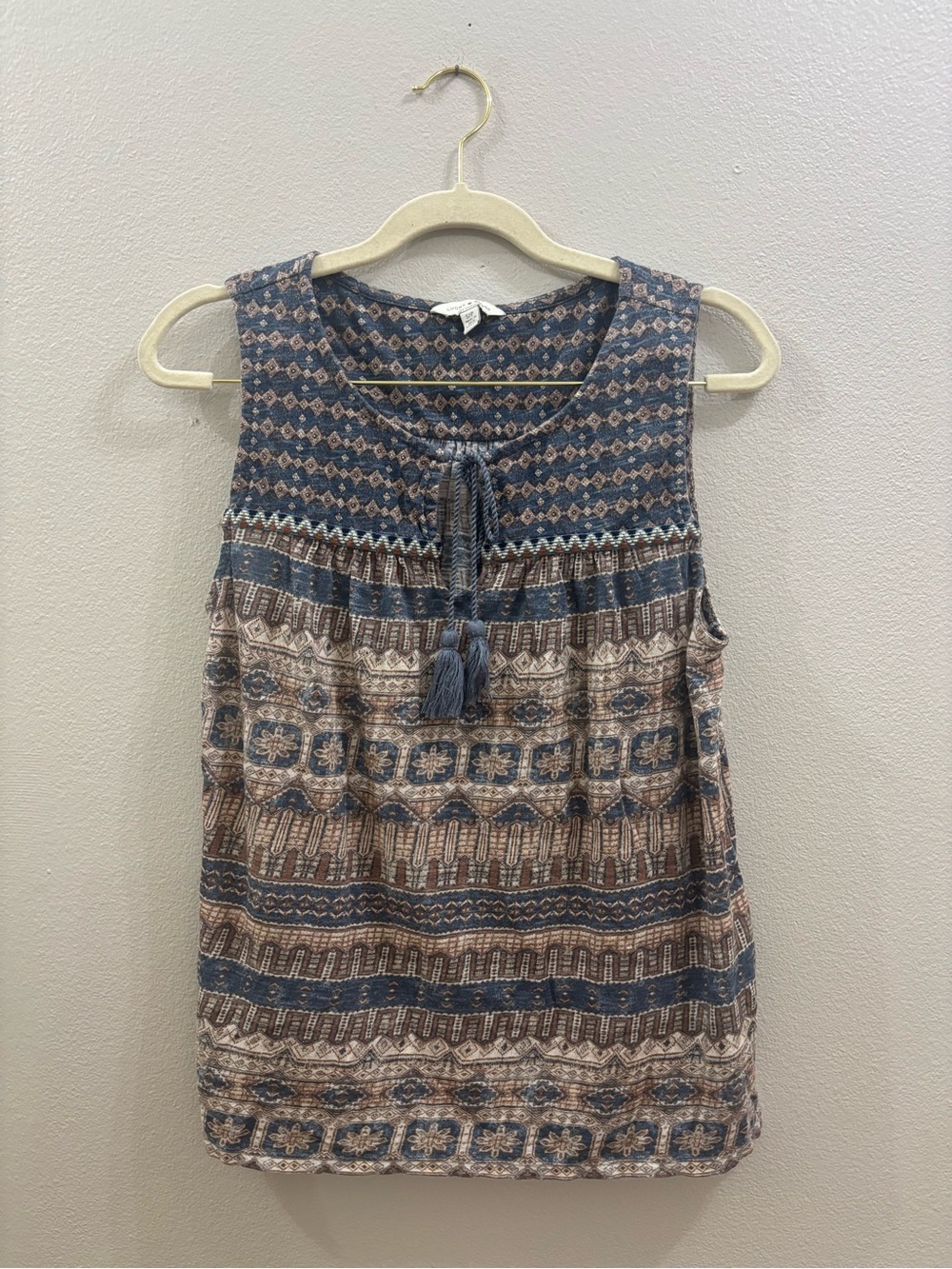 Lucky Brand Blue and Tan Printed Tassel Sleeveless Camisole